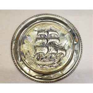 16" Copper Relief Ocean Sea Ship Sail Plate Wall Decoration Good Patina Worn